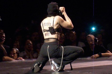 Pussy Riot has caught the attention of celebrity supporters from around the world.  Here, Madonna shows her support for Pussy Riot during one of her concerts.  (Image borrowed from http://www.nme.com/)