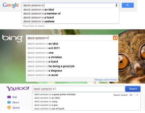 Just doing a little research to see what the search engines think of Cameron.  Yahoo! seems to be particularly responsive to political bullying.