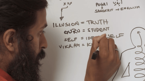 Kumaré makes notes about his teachings about illusion and truth.