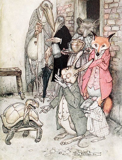 Rabbits and Turtles do not need to speak and organize competitions to be able to gain a moral from the story.  Illustration: Arthur Rackham's "The Hare and the Tortoise"